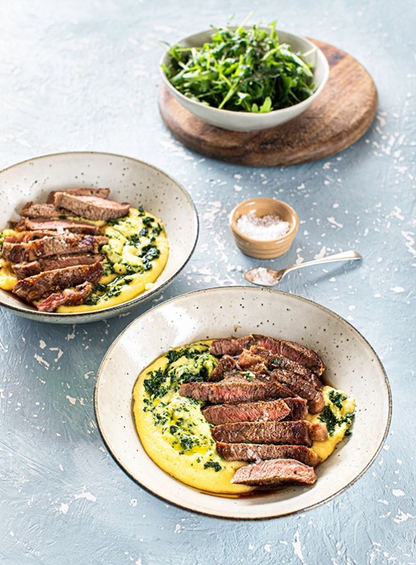 Pan-fried steak with creamy herbed polenta