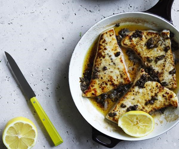 Pan-fried swordfish with lemon-caper butter & salted potatoes