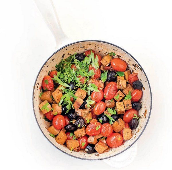 Pan-fried tofu, tomatoes and olives