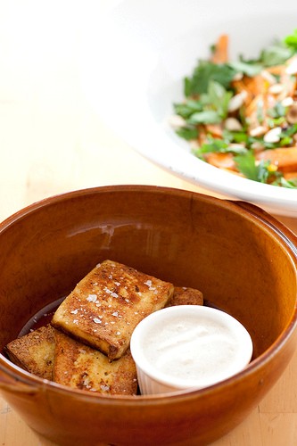 Pan fried tofu with spiced yoghurt