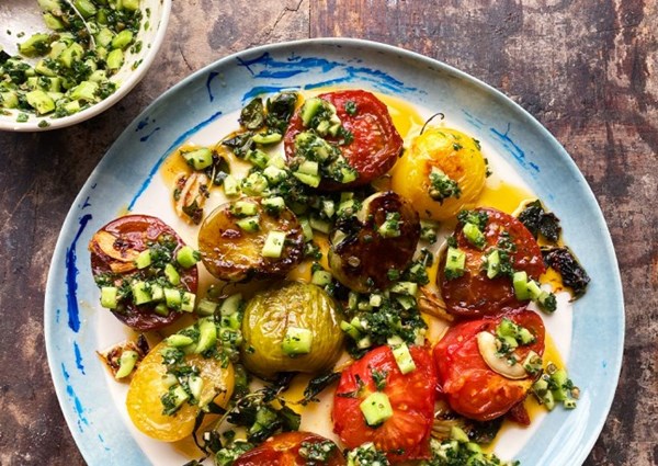 Pan fried tomatoes with cucumber salsa