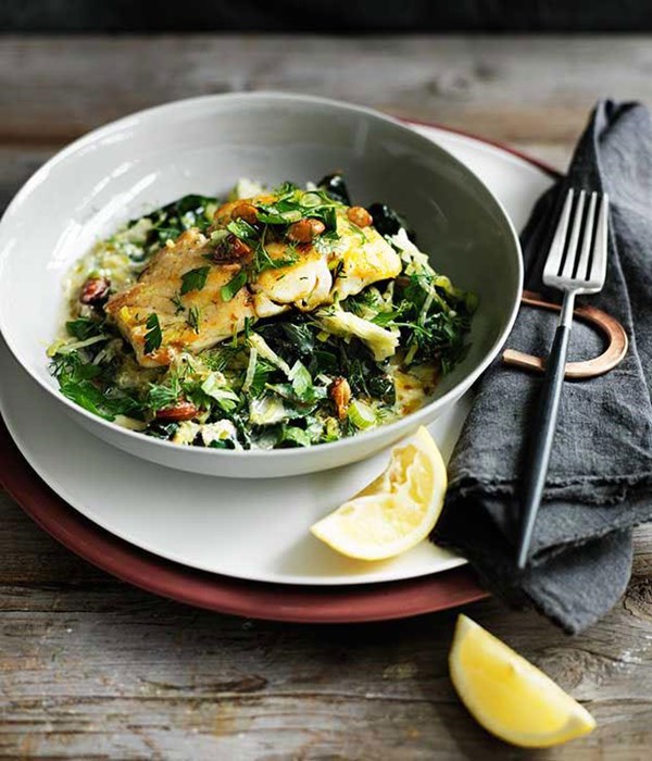 Pan-fried trevalla with avgolemono silverbeet