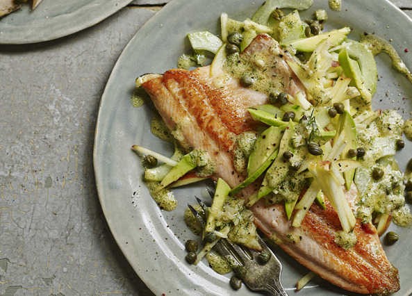 Pan-fried trout with cucumber, apple and dill salad