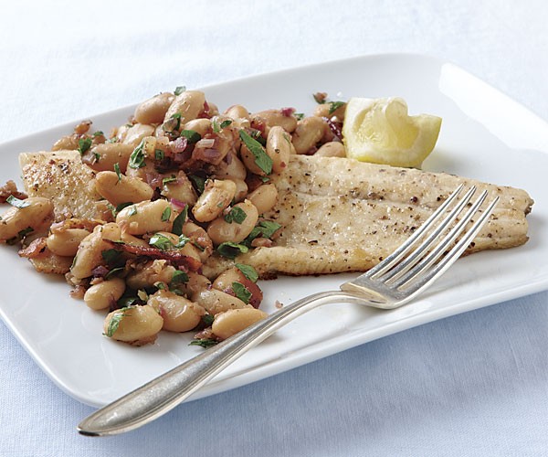 Pan-fried trout with white beans, bacon, and rosemary