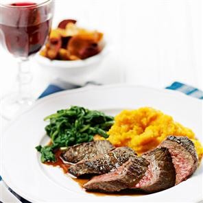 Pan-fried venison with squash and sweet potato