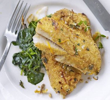 Pan-fried white fish with polenta and orange crust