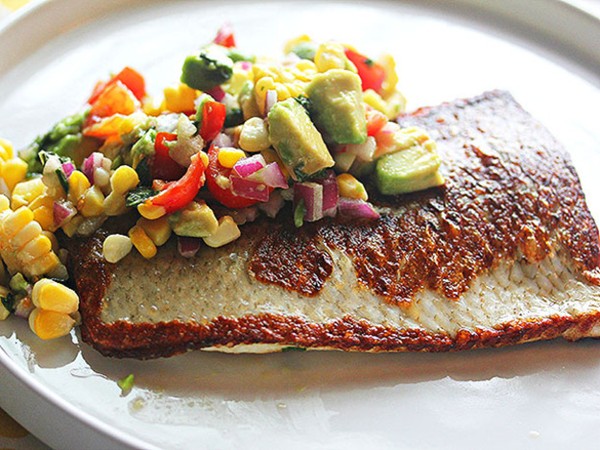 Pan-fried whitefish with corn, avocado, lime and basil relish