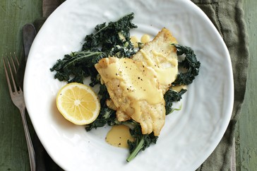 Pan-fried whiting fillets with garlic kale