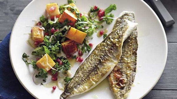 Pan-fried whiting with pumpkin and kale salad