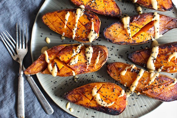Pan-griddled sweet potatoes with miso-ginger sauce