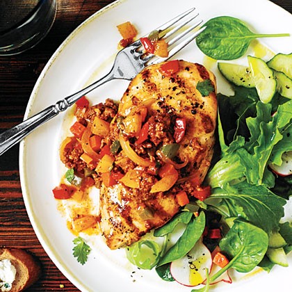 Pan-grilled chicken with chorizo confetti