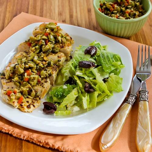 Pan-grilled chicken with green olive, caper, and lemon relish