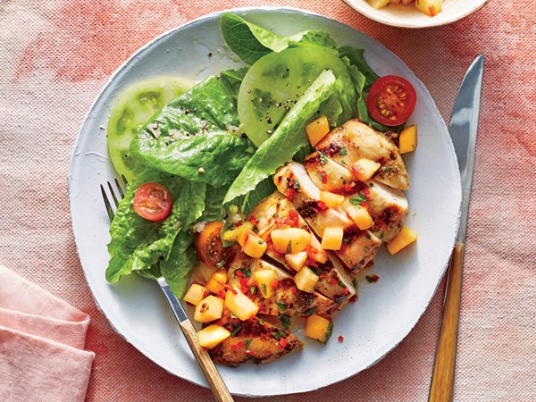 Pan-grilled chicken with peach salsa