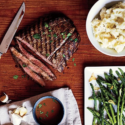Pan-grilled flank steak with soy-mustard sauce
