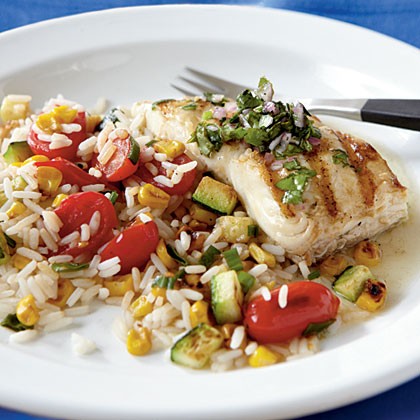 Pan-grilled halibut with chimichurri