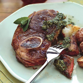 Pan-grilled lamb with walnut-mint pesto