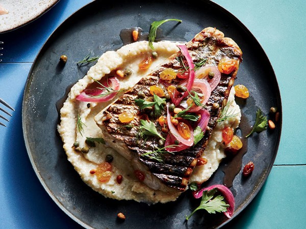 Pan-grilled mackerel with creamy millet puree