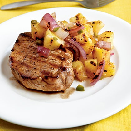 Pan-grilled pork chops with grilled pineapple salsa