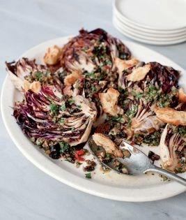 Pan-grilled radicchio with olive-caper salsa and torn croutons