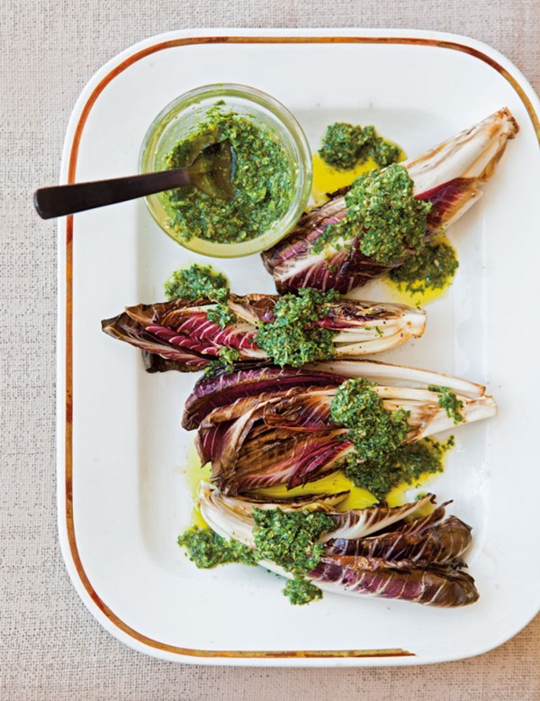 Pan-grilled radicchio with salsa verde