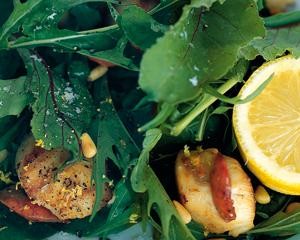 Pan-grilled scallops with lemon oil, baby spinach and pine nut salad