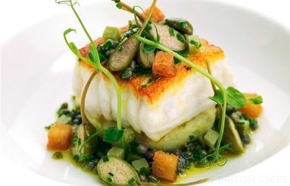 Pan-roast fillets of sole with crab-crushed Jersey Royals and sauce Grenoble