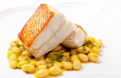 Pan-roasted Alaska halibut with coco bean, saffron and Chardonnay