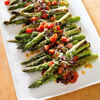 Pan-roasted asparagus with cherry tomatoes and Kalamata olives