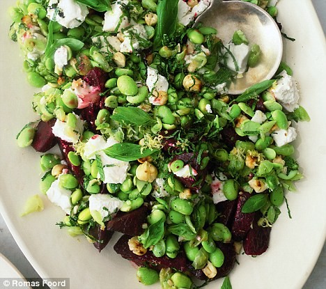 Pan roasted beetroot, soft goat's cheese, mint and broad bean salad