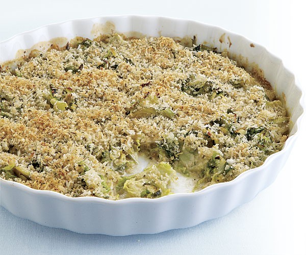 Pan-roasted Brussels sprout gratin with shallots and rosemary