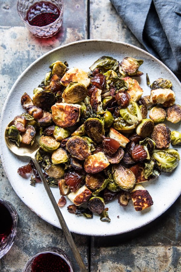 Pan roasted Brussels sprouts with bacon, dates, and halloumi