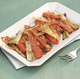 Pan-roasted carrots with leeks, pancetta, and thyme