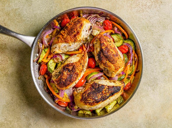 Pan-roasted chicken and summer vegetables