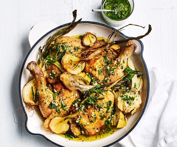 Pan-roasted chicken with artichokes and salad onion