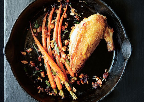 Pan-roasted chicken with carrots and almonds