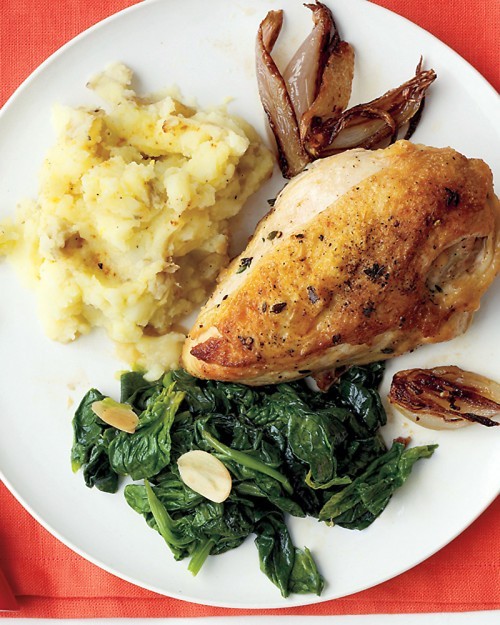 Pan-roasted chicken with spinach and smashed potatoes