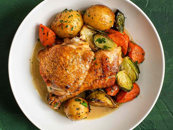 Pan-roasted chicken with vegetables and Dijon jus