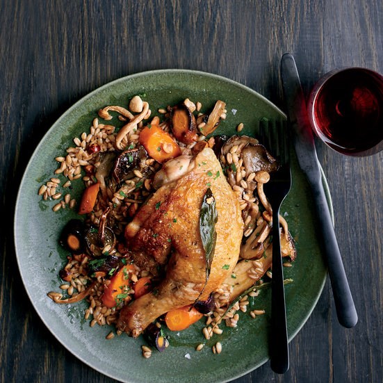 Pan-roasted chicken with warm farro salad