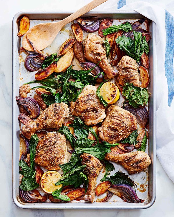 Pan-roasted chicken with za'atar, potatoes, and greens