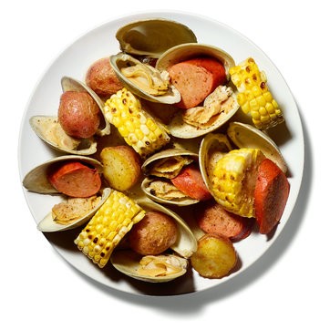 Pan-roasted clams with potatoes, corn, and andouille