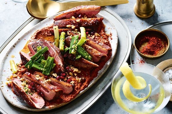 Pan-roasted duck, muhammara, pomegranate