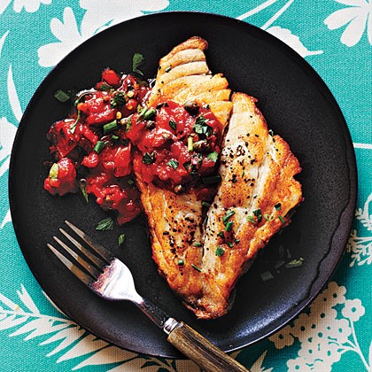Pan-roasted fish with Mediterranean tomato sauce