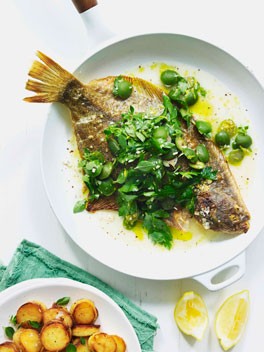 Pan-roasted flounder with oregano, Sicilian olives and golden potatoes