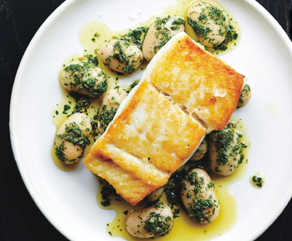 Pan-roasted halibut with herbed corona beans