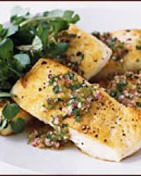 Pan-roasted halibut with jalapeño vinaigrette