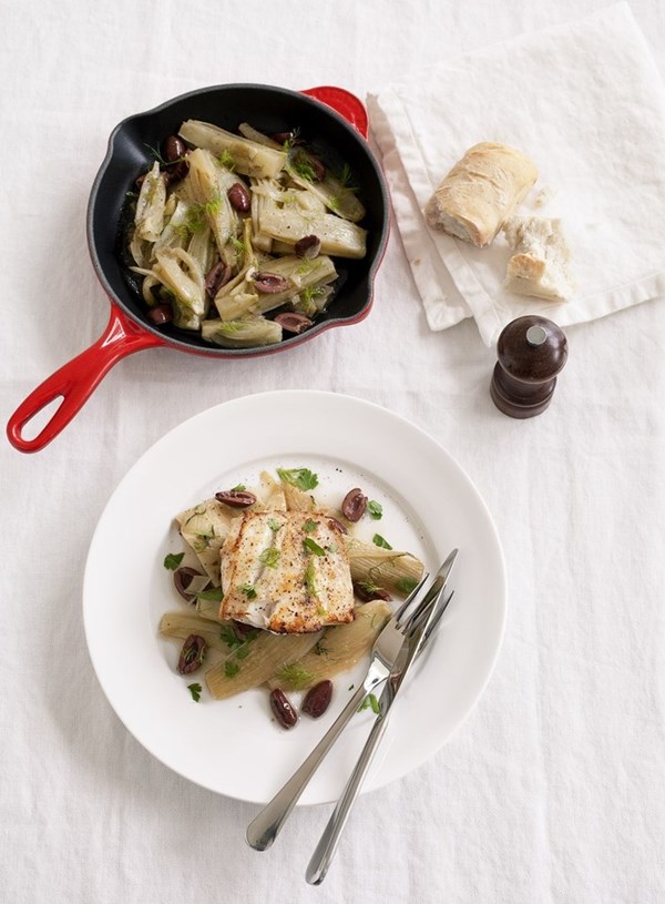 Pan roasted hapuka with braised fennel and olives