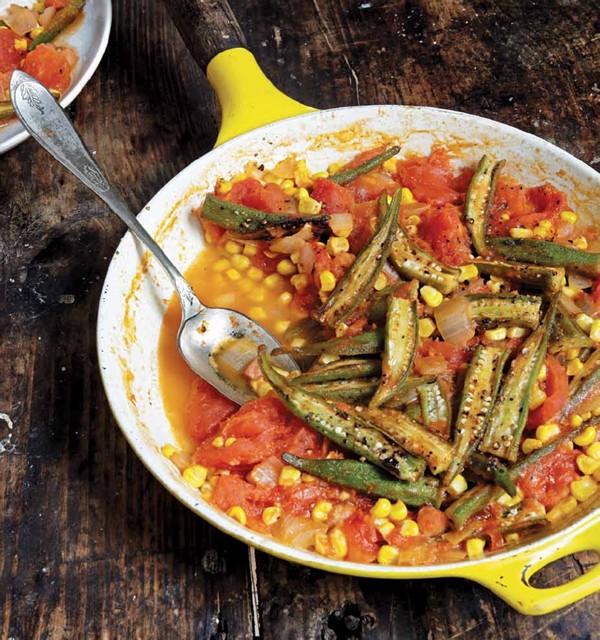 Pan-roasted okra, corn, and tomatoes
