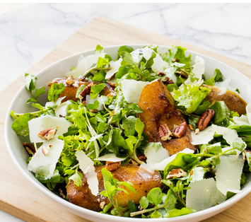 Pan-roasted pear salad with watercress, Parmesan, and pecans