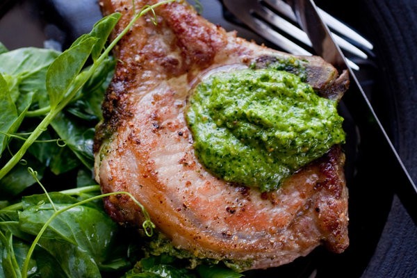 Pan roasted pork chops with pea shoot pesto