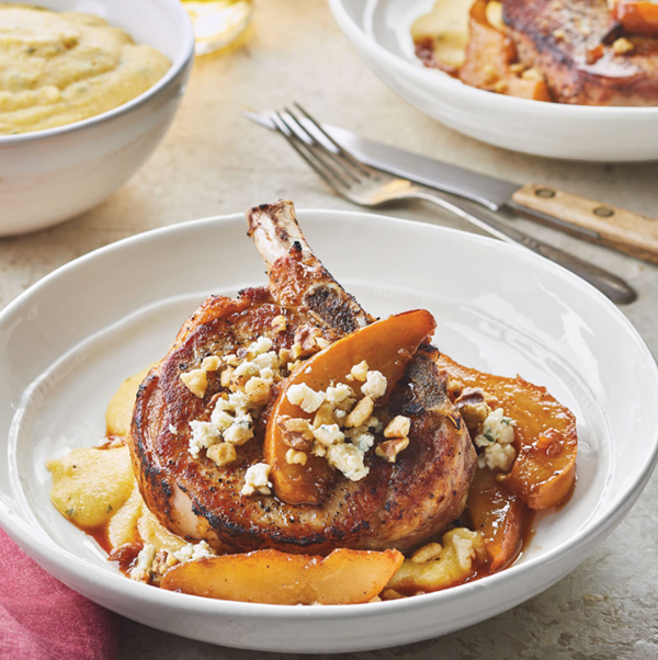 Pan-roasted pork chops with glazed pears